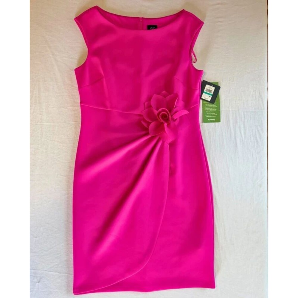 JH Evenings Pink Sheath Dress Womens 16 Rosette Cocktail Wedding Fuchsia Formal